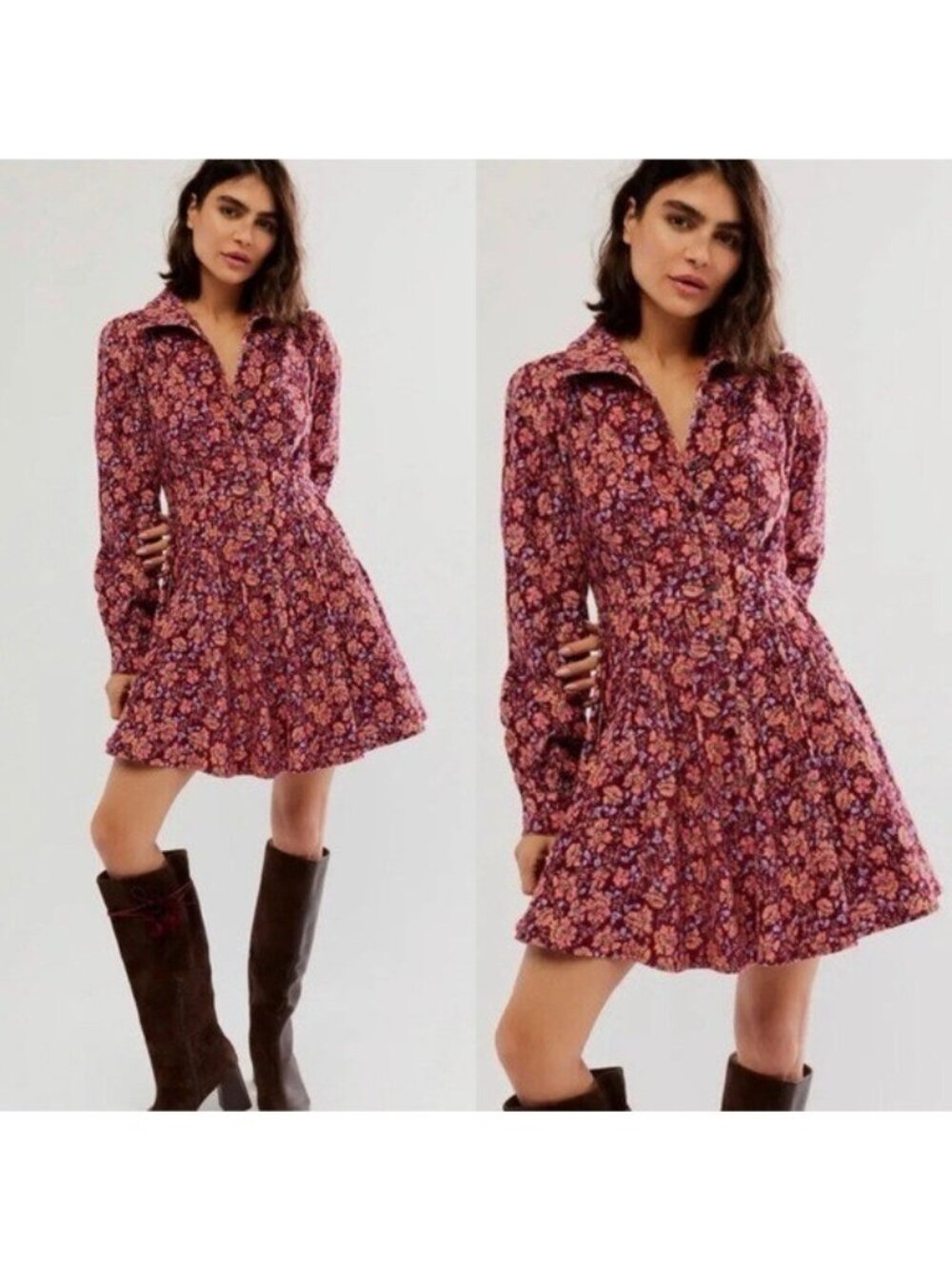 Free People Marvelous Mia Mini Dress 2 Berry Combo Plum Floral Corduroy NWT